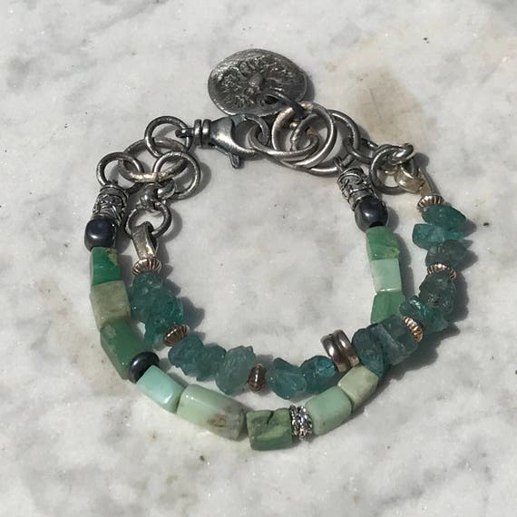 Raw Aquamarine - Chrysophrase - Oxidized Sterling Silver Bracelet - Multi Strand Bracelet - Urban Artisan Jewelry