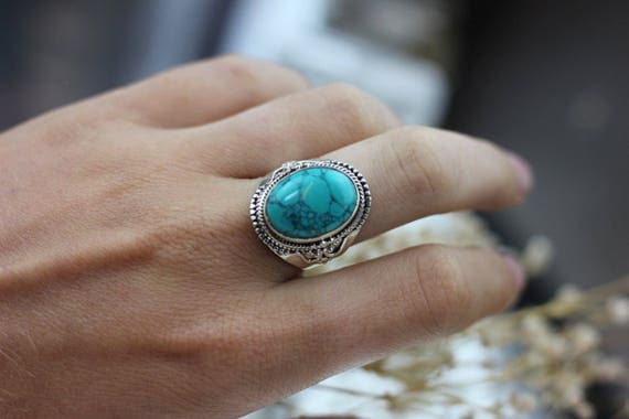 STATEMENT TURQUOISE RING - Sterling Silver Ring- Crystal Ring- Healing Crystal Jewellery- Chakra Ring- Statement Ring- Boho- Vintage