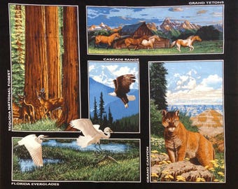 National forest parks fabric panel, sequoia forest, Florida Everglades, Grand Canyon, Cascade Range, Grand Tetons, outdoor wildlife panels