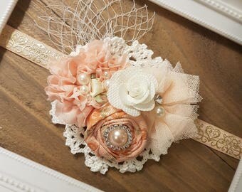 Peach and Pearl Baby Girl Headband, Baby Headbands, Girl Headband, Baby Shower Gift, Gift for Her, Peach and White headband, Baby Girl