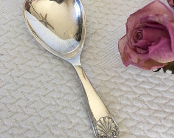 Vintage Silver Plate Baby Spoon. Sheffield, England Between 1840 and 1940. Clamshell Design on Handle of Baby Spoon.