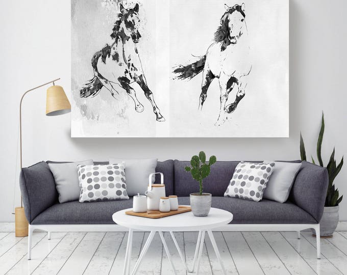 Running horses 1. Extra Large Horse Wall Decor, Black Contemporary Horse, Large Contemporary Canvas Art Print up to 72" by Irena Orlov