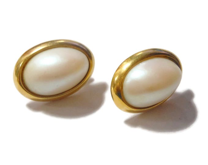 FREE SHIPPING Richelieu pearl earrings, signed, gold faux pierced, wedding ready, bridal pearl earrings, oval cabochon studs, creamy white