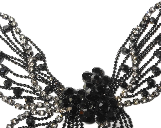 Butterfly bib necklace, black rhinestones with clear prong set with small ball chain, gunmetal findings, Dynasty Show Girl Drag Queen runway