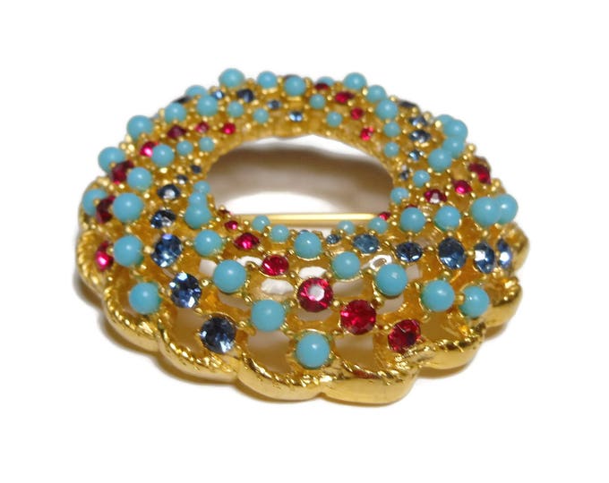 Sarah Coventry circle pin, 'Song of India' 1965, red blue rhinestones, turquoise colored beads, wreath brooch, gold plated no missing beads