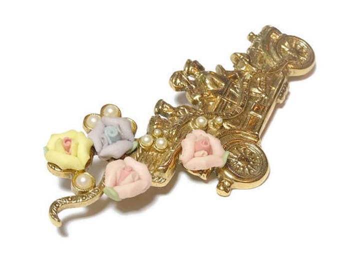 1928 car brooch, touring car automobile with yellow, pink and purple ceramic roses and small faux pearl flower.