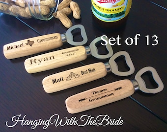 Set of 13 Personalized Bottle Opener, Groomsmen Gift, Wedding Gift, Engraved Wood opener, Custom Bottle Opener, Christmas gifts