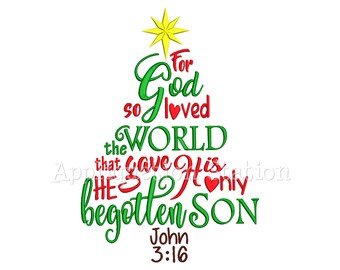 John 3:16 Word Art Christmas Tree Machine Embroidery Designs winter for God so loved the world Bible Verse INSTANT DOWNLOAD