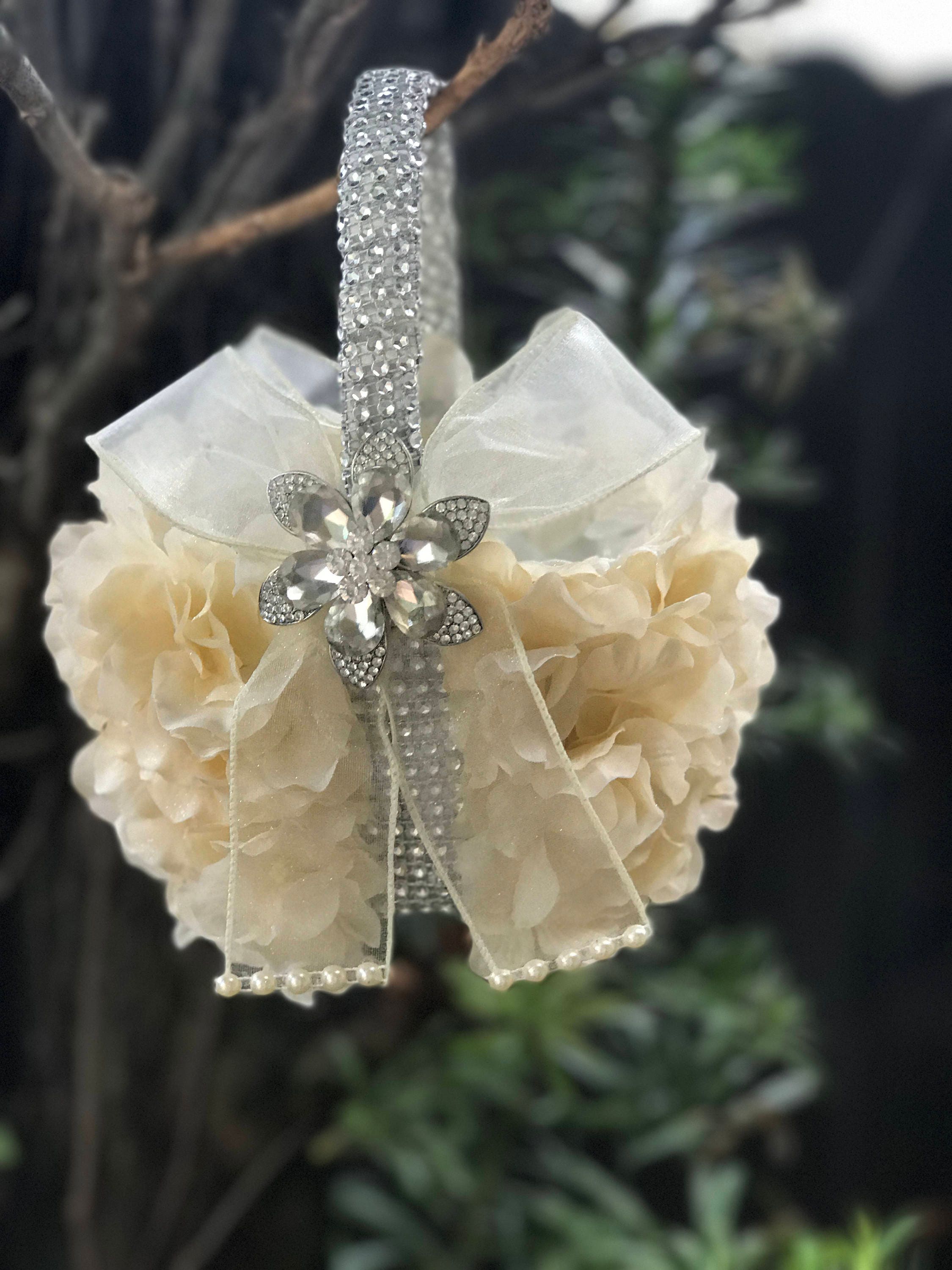 ivory custom flower girl basket wedding accessory bling basket