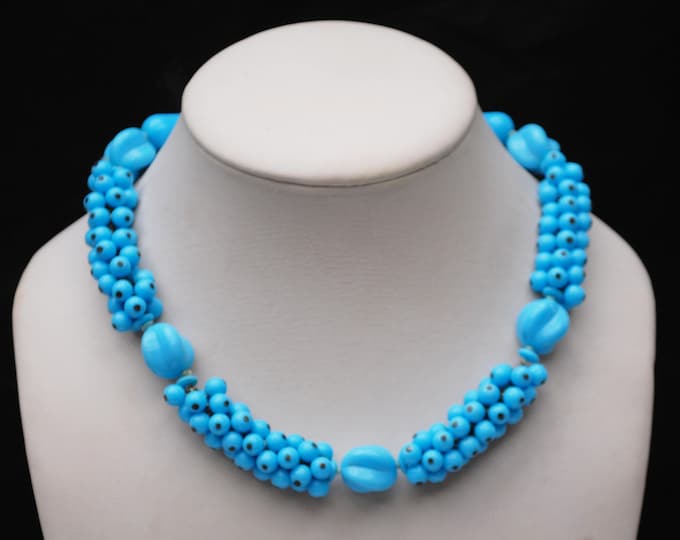 Light Blue bead necklace - Glass milk glass - signed Western Germany - collar necklace