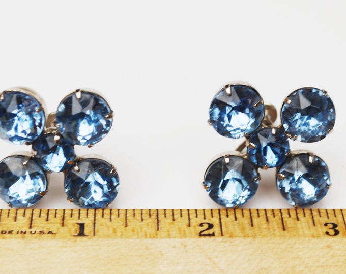 Blue Rhinestone EArrings - Light bluish glass crystal - silver - flower floral - Wedding bride -screw back earrings