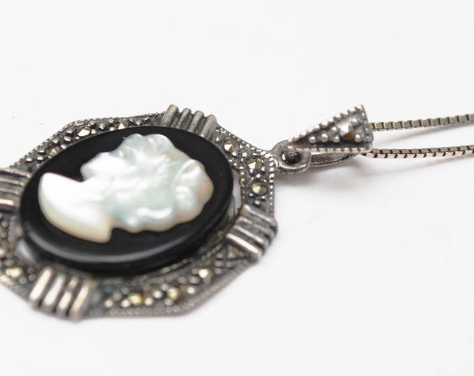 Cameo necklace - Sterling Silver Marcasite - White Mother of Pearl - black Onyx - Women profile