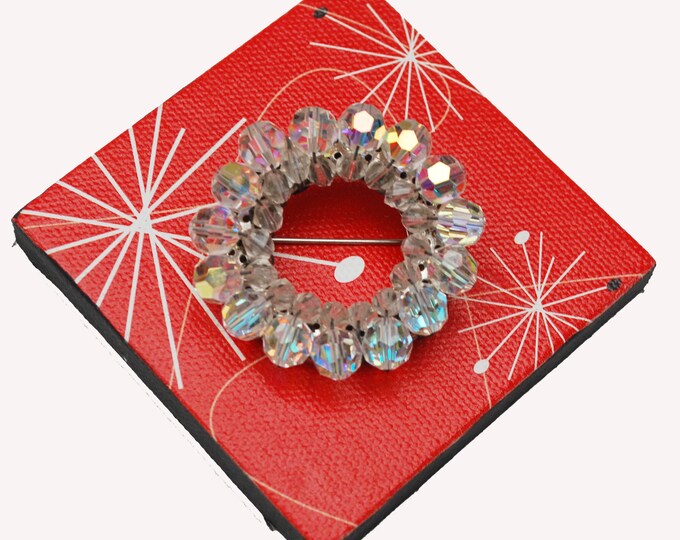 Crystal Bead Wreath Brooch- Aurora Borealis glass - Round - Mid century pin