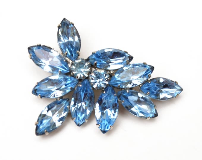 Light Blue Rhinestone Brooch - Flower Leaf floral pin - silver tone - mid century