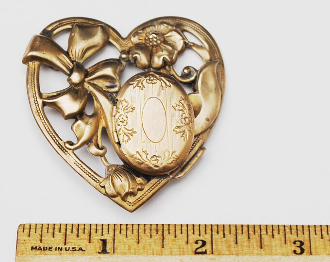 Heart Locket Brooch - Repousse Gold Brass metal - Art Nouveau - Floral Bow - pin