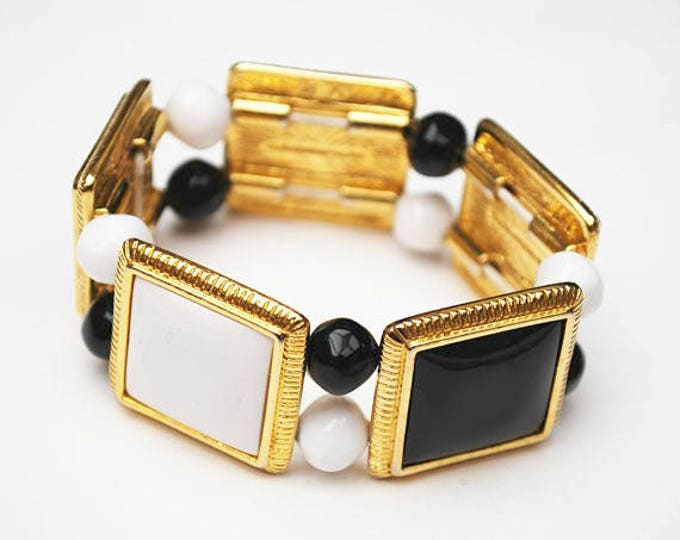 Liz Claiborne Stretch Bracelet - black and white - gold panel and beads - Bangle