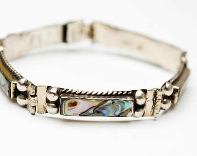 Small Sterling Abalone Bracelet - Shell inlay - Small Silver link braelet 6 1/2 inches long