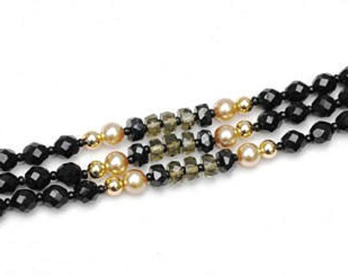 Rhinestone Bead Bracelet - Triple strand - Black Glass -Rhinestone Clasp - Glass bead - pearl gold