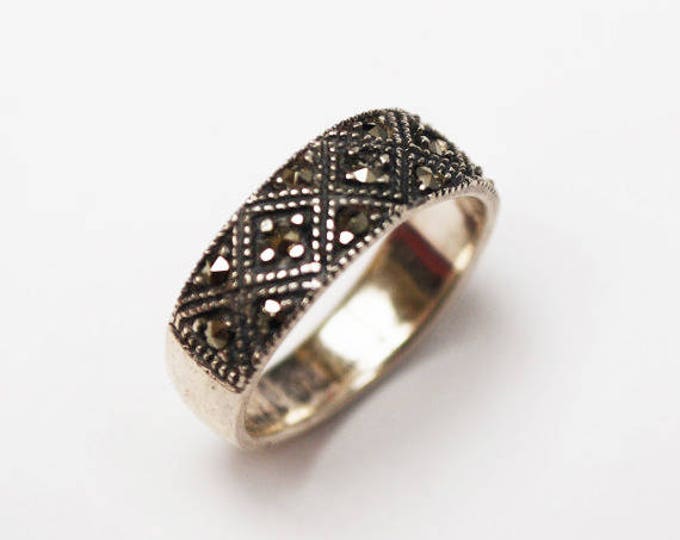 Sterling Band ring - Marcasites silver - size 6 - Silver Art Deco style