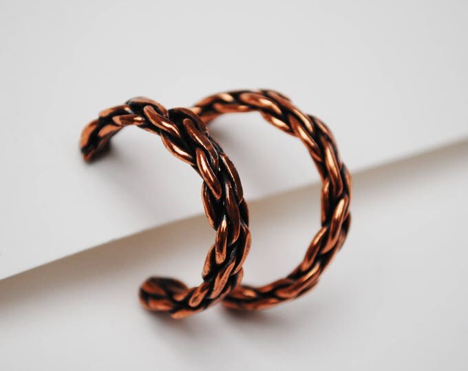Copper Hoop Earrings - Twisted braided - Pierced - boho earrings