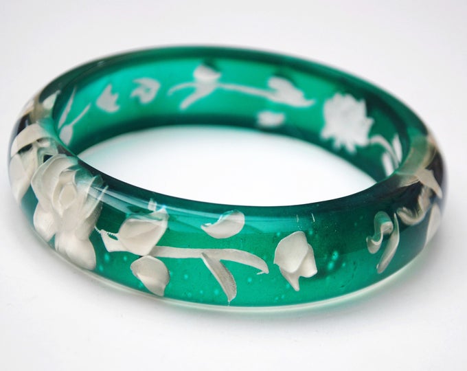 Green White Flower Bangle - Reversed Carved - molded white Intaglio floral - Green Lucite bracelet