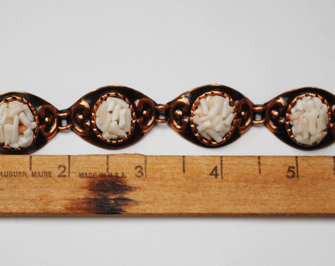 Copper White Coral Link Bracelet - White coral shell chips - copper oval panel link bange