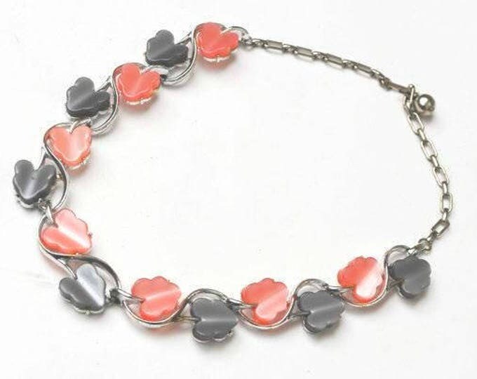 Thermoset leaf Link necklace - Pink and Grey plastic leaves - silver tone - Mid Century