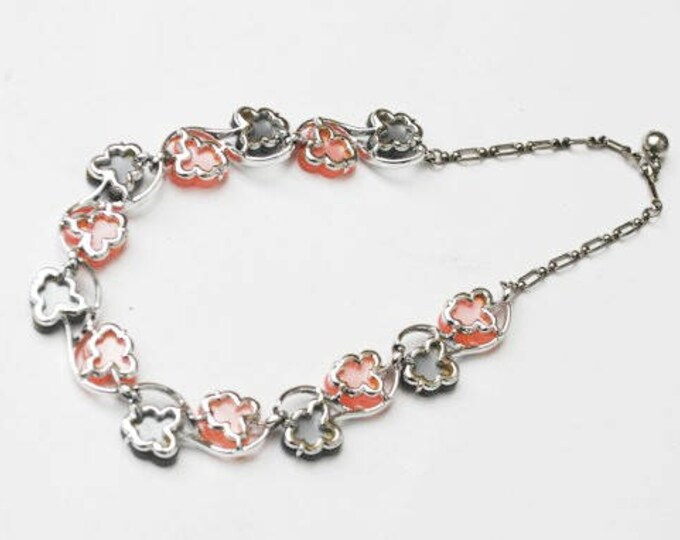 Thermoset leaf Link necklace - Pink and Grey plastic leaves - silver tone - Mid Century