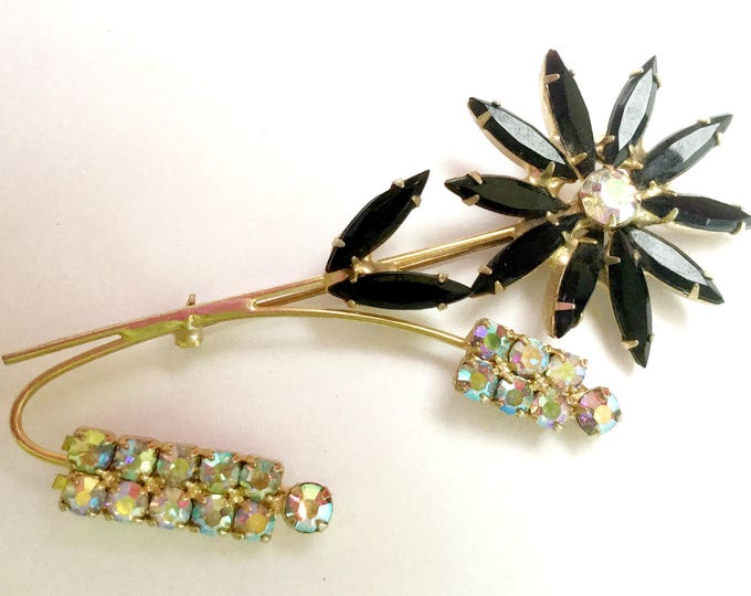 Rhinestone Flower Brooch - black facet crystals petals - Aurora borealis - Floral pin