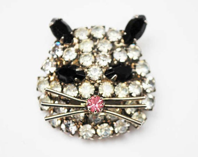 Rhinestone Cat face Brooch - Clear black and pink crystal - silver tone metal - Figurine pin