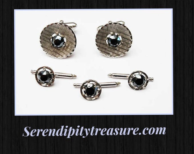 Sterling Hematite Cuff links - three Tuxedo Button Slide - Silver black - wedding groom