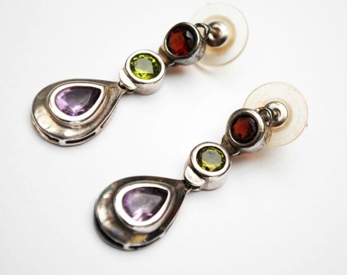 Multi gemstone Sterling dangle Earrings - Purple amethyst -Green peridot - Red garnet - drop pierced earrings