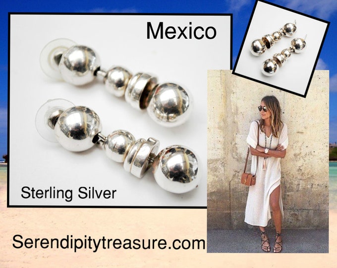 Sterling ball Dangle Earrings -Signed Mexico Silver drop earring - Boho gypsy