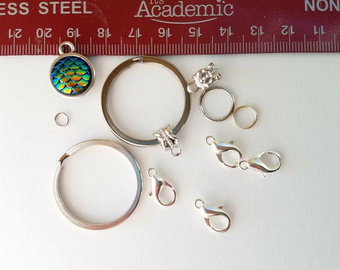 DIY Mermaid or Dragon Keychain Set 40 to 80 pieces Scale Charms Keyring connector bail jump rings DIY Jewelry Making DIY Gift Set