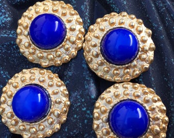 Vintage Gold Tone Metal Lapis Blue Round Designer Quality Buttons - Qty 6