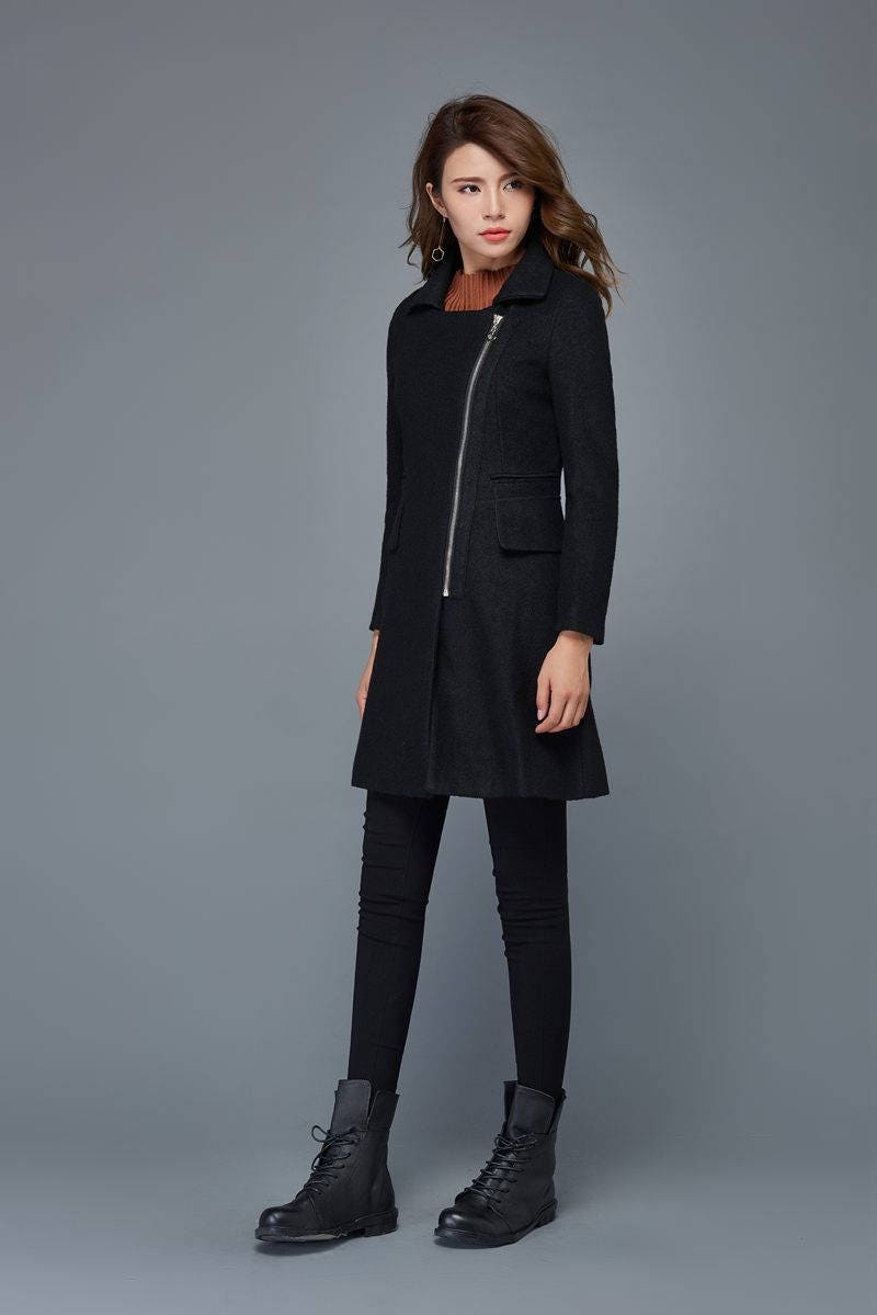 Women's Black Peacoat Modern Designer Wool Short