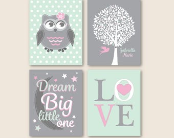 Baby Girl Pink Grey Nursery Owl Dream Big Little One Personalized Art // Pink, Gray, Mint Print Set of (4) - 5x7, 8x10, 11x14 Unframed