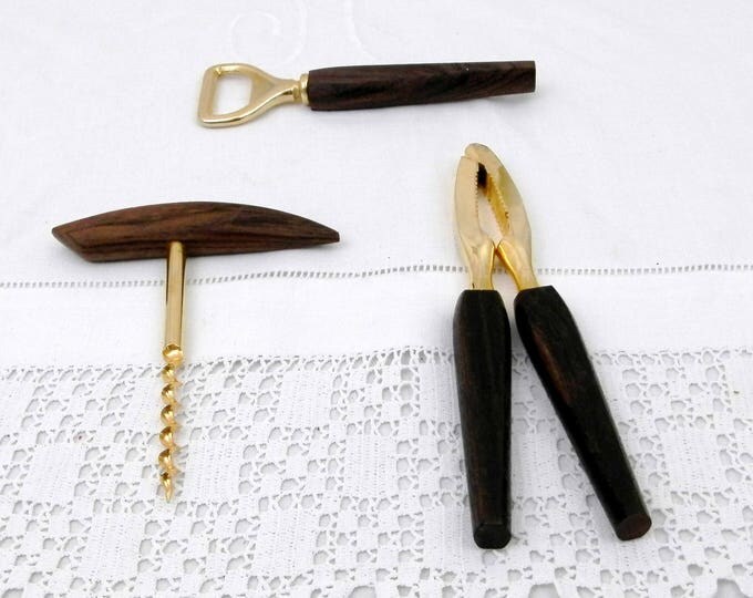 Vintage Mid Century Modern, 1960s Retro 3 Piece Bar Set Bottle Opener Cork Screw and Nut Cracker with Perma Wood Handles and Original Box