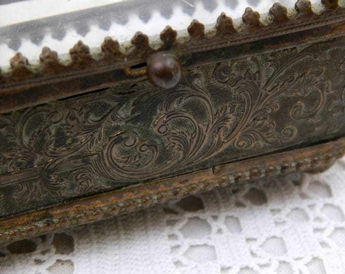 Antique French Beveled Glassed Lid and Gilt Metal Jewelry / Trinket Box with Turquoise Satin Linning, French Country Chateau Chic Decor