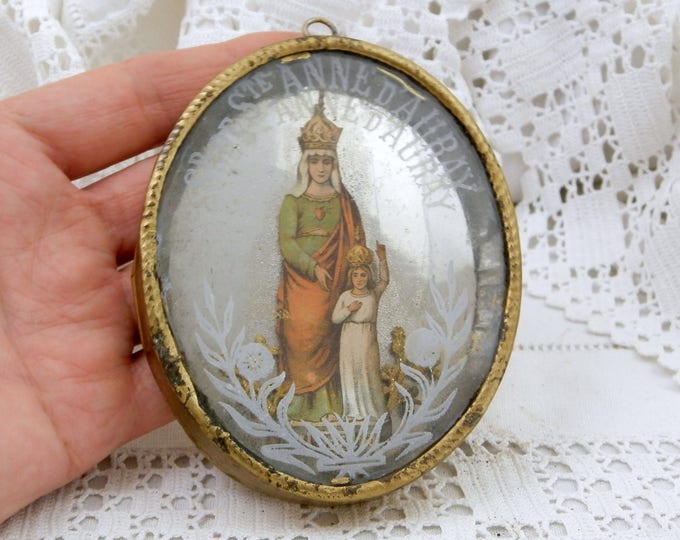 Antique Religious Reliquary Sainte Anne de Auray Glass and Mirror Framed 19th Century Icon, Catholic Framed Image of Brittany, French Decor