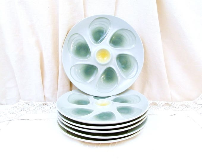2 Vintage Mid Century Green and Yellow French Oyster Plates by Salins, Pair Seafood / Shellfish Accessory, Retro 1960s Serving Plate, Food
