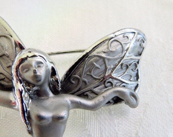 Art Nouveau Fairy Brooch, Silver Nude Fairy Pin, Garden Nymph, Vintage Fairy Jewelry, Fairy Garden