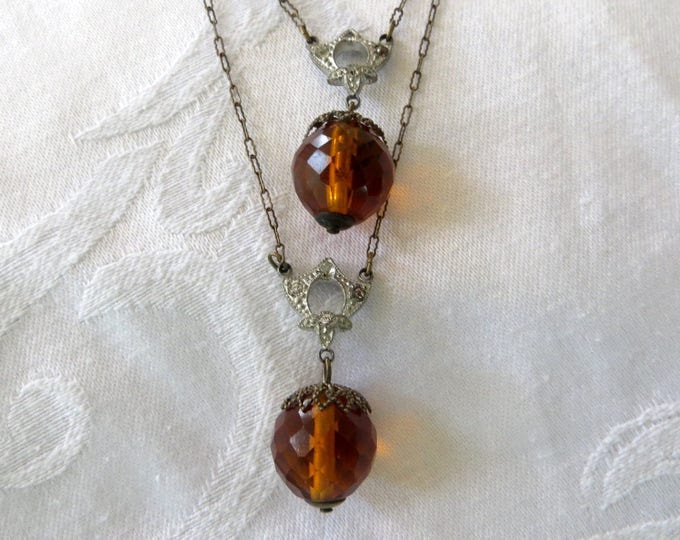 Art Deco Czech Necklace, Amber Faceted Glass beads, Double Layer, Vintage Czech Jewelry