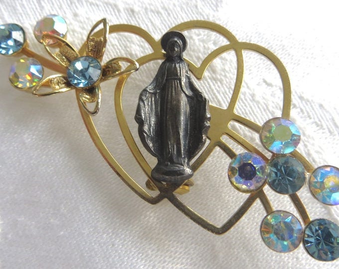 Virgin Mary Brooch, Heart and Rhinestone Religious Pin, Catholic Virgin Mother Pin, Vintage Religious Jewelry