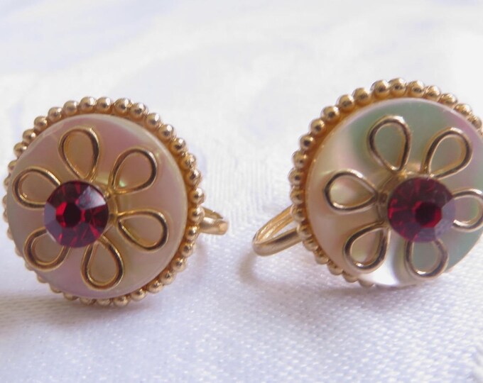 Vintage Coro Earrings, Mother of Pearl with Gold Wire Overlay, Rhinestone Center, Screw back Earrings, Designer Signed