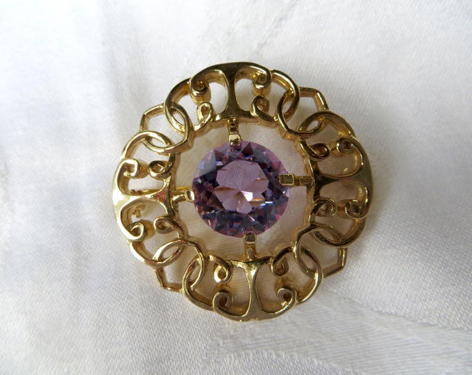 Art Glass Brooch, Gold Filigree, Lavender Center Stone, Purple Glass Pin, Vintage Jewelry