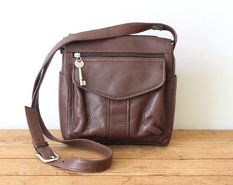 Vintage FOSSIL Brown Leather Crossbody Handbag/ Fossil Brown Leather Purse/ Cross Body Organizer Shoulder Bag 061518