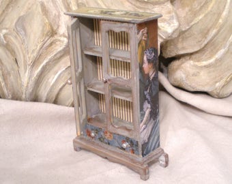 Miniature French Armoire Silver Hutch Blue Grey Distressed Detail Magical Vintage Patina 1 inch scale 1 of Kind FREE Ship in USA