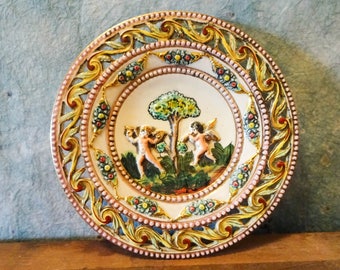 Vintage Midcentury Italian Capodimonte Putti Cherub Angel Garden Ceramic Charger Plate Wall Hanging