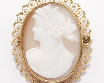 Etruscan Filigree 10K Victorian Carved Shell Cameo Brooch